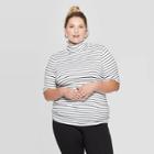 Women's Plus Size Striped Elbow Sleeve Turtleneck - Ava & Viv Cream/black X, Gray