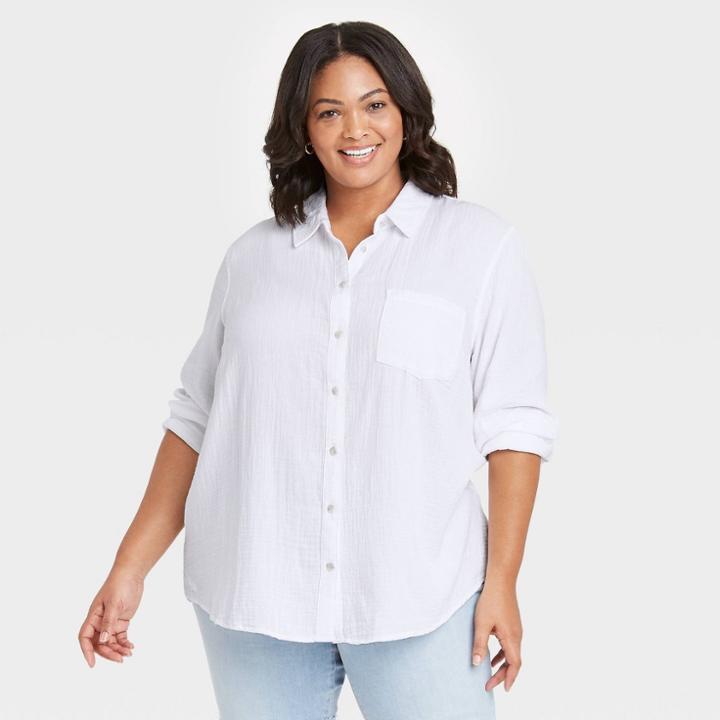 Women's Plus Size Long Sleeve Gauze Button-down Shirt - Universal Thread True White