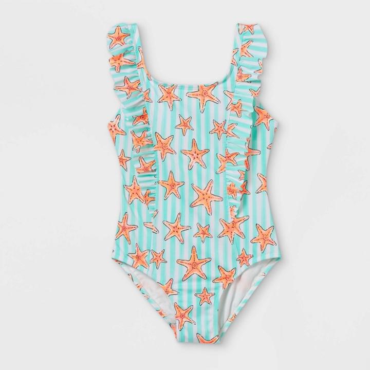 Girls' Starfish Striped Ruffle One Piece Swimsuit - Cat & Jack Aqua