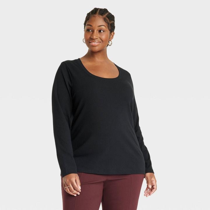 Women's Plus Size Slim Fit Long Sleeve Scoop Neck Ribbed T-shirt - Ava & Viv Black
