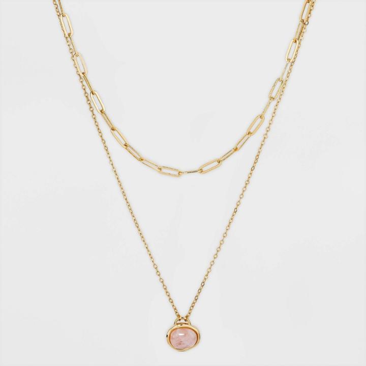 Layered Gold Dipped With Semi-precious Rose Quartz Chain Necklace - A New Day Pink