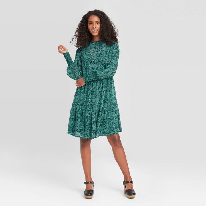 Women's Printed Bishop Long Sleeve Tiered Dress - Knox Rose Green