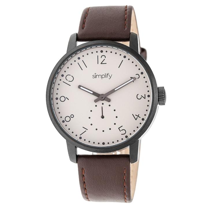 Simplify The 3400 Men's Leather-band Watch - Gunmetal/khaki-tan, Dark Chestnut