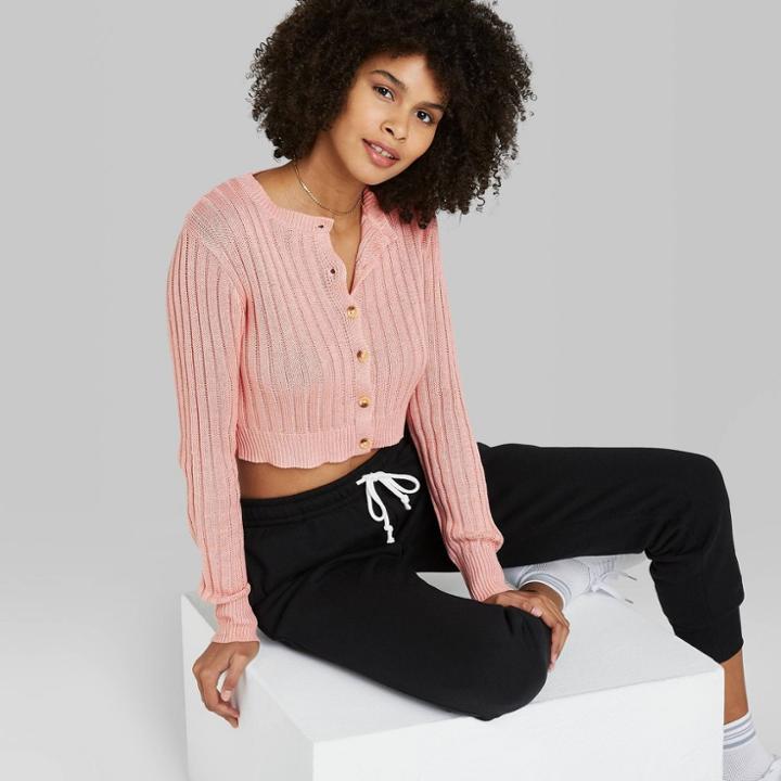 Women's Button-front Cropped Rib-knit Cardigan - Wild Fable Blush Pink