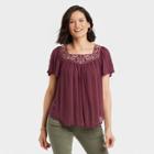 Women's Short Sleeve Square Neck Babydoll Top - Knox Rose Burgundy Floral