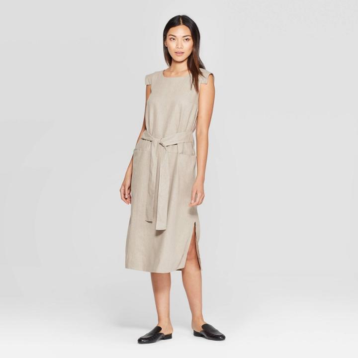 Women's Short Sleeve Square Neck Column Midi Dress - Prologue Tan
