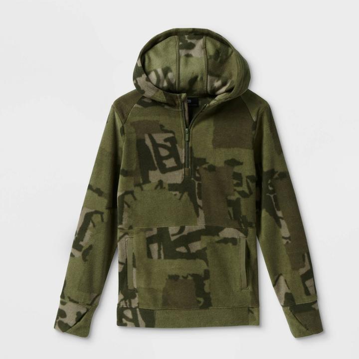 Boys' Fleece 1/4 Zip Hooded Sweatshirt - All In Motion Olive Green