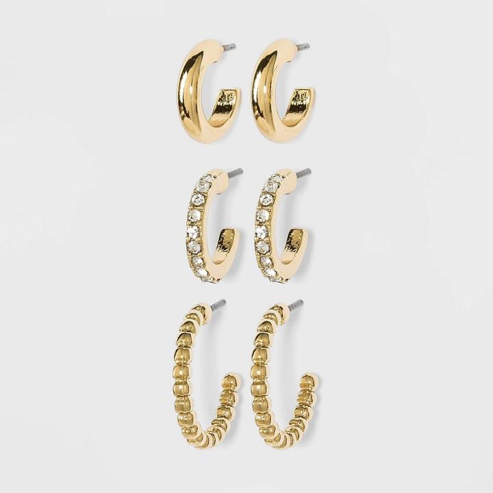 Gem And Ridged Hoop Earring Set 3pc - A New Day Gold