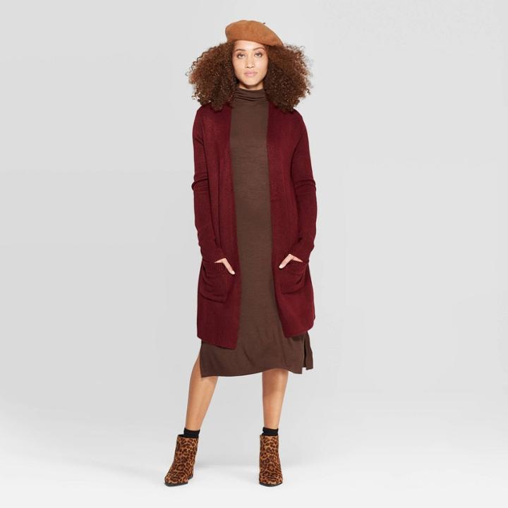 Women's Long Sleeve Cozy Sweater Cardigan - A New Day Burgundy Heather