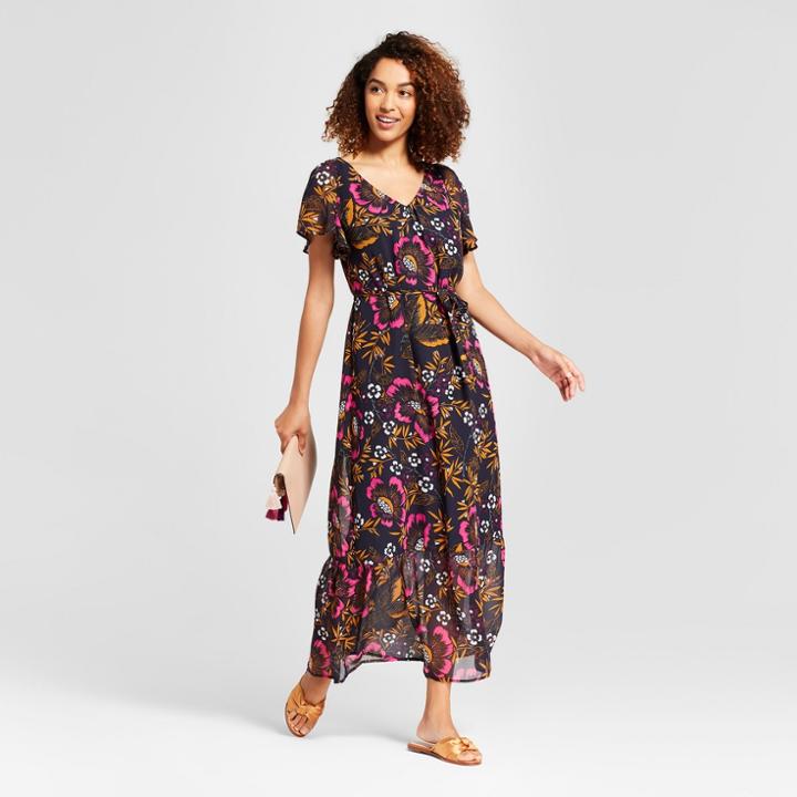 Women's Floral Print Short Sleeve Tiered Maxi Sundress- A New Day Navy M,