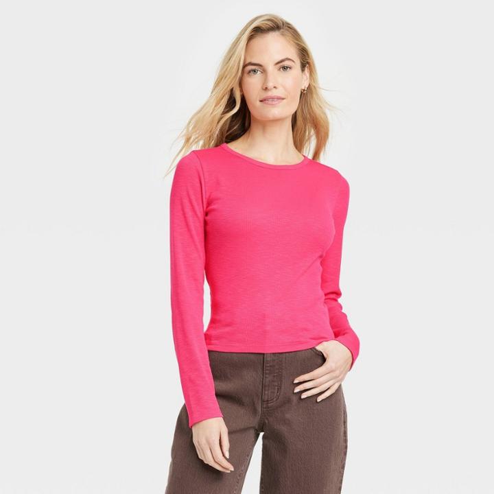 Women's Ribbed Shrunken Long Sleeve T-shirt - Universal Thread Coral Pink