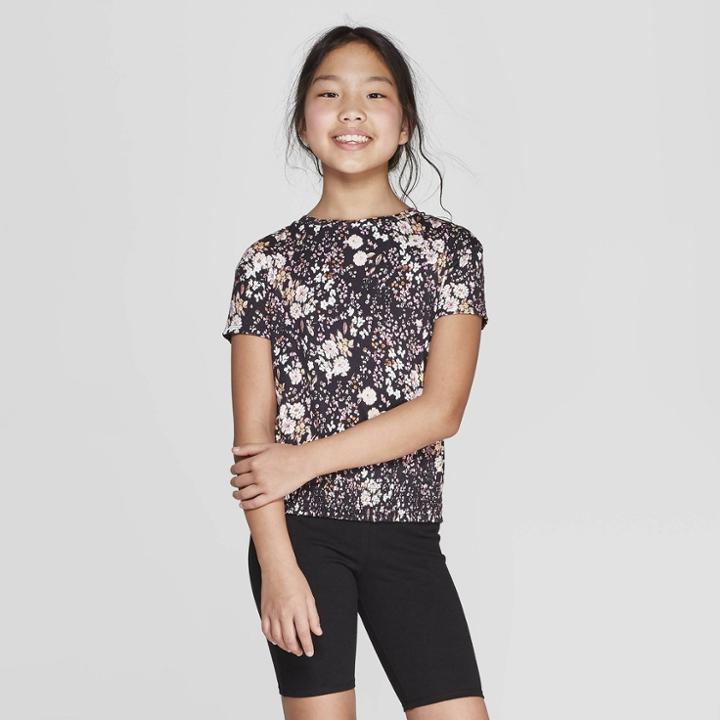 Girls' Short Sleeve Smocked Bottom T-shirt - Art Class Black