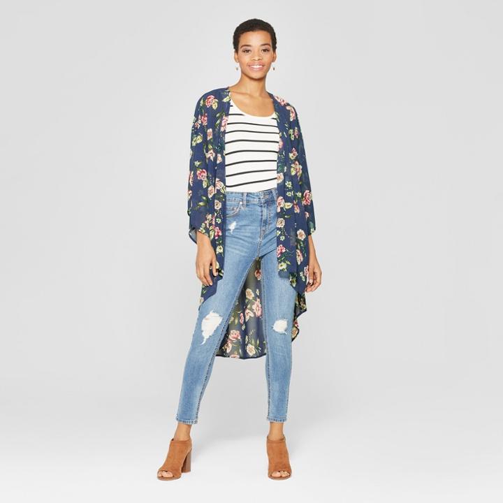 Women's Floral Print Long Sleeve Sheer Kimono - Xhilaration Blue