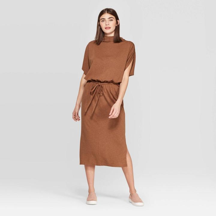 Petitewomen's Short Sleeve Turtleneck Batwing A Line Midi Dress - Prologue Brown