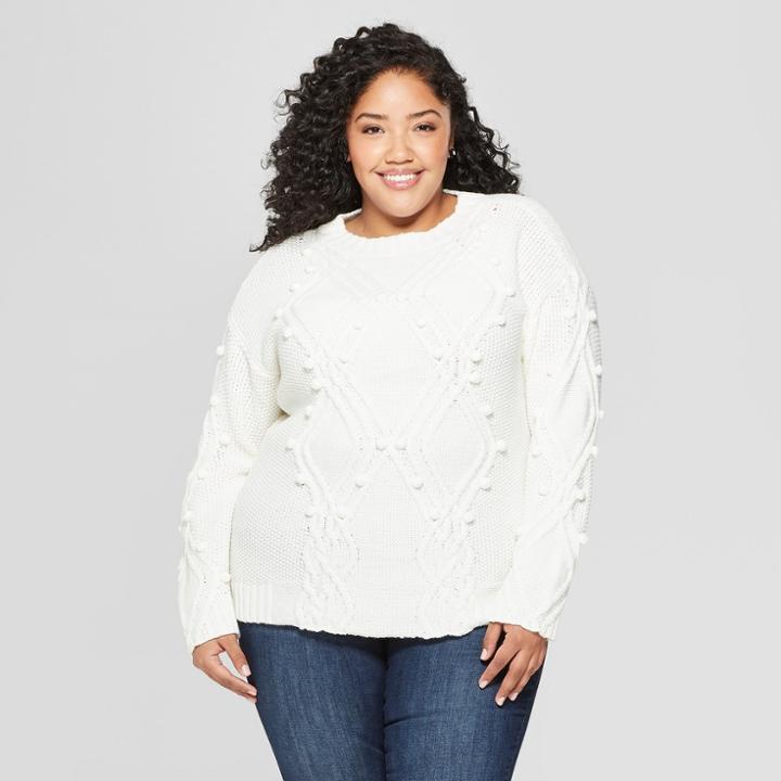 Plus Size Women's Plus Long Sleeve Novelty Cable Knit Pullover Sweater - Ava & Viv Cream (ivory) X