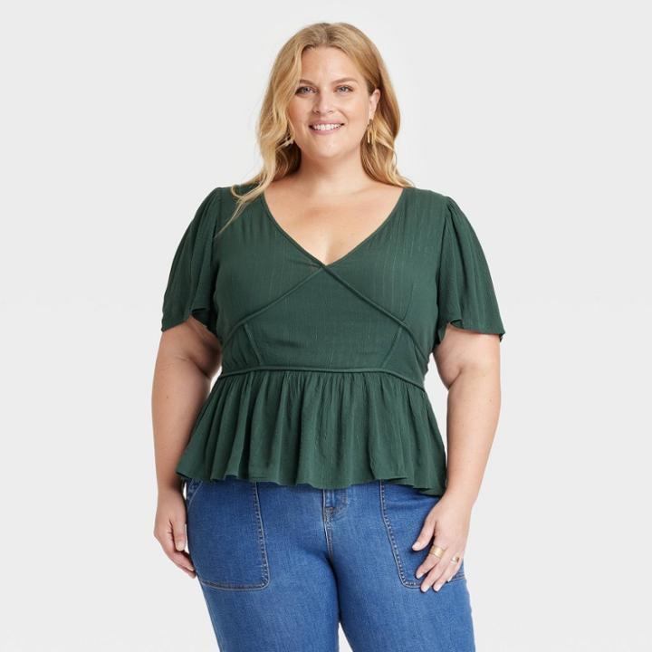Women's Plus Size Short Sleeve Embroidered Blouse - Knox Rose Dark Green