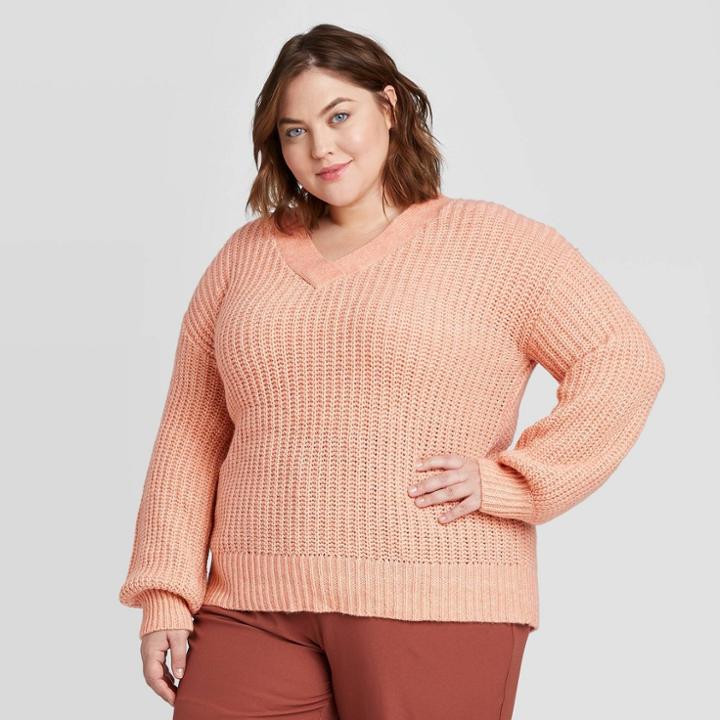 Women's Plus Size V-neck Pullover Sweater - Ava & Viv Coral X, Women's, Pink