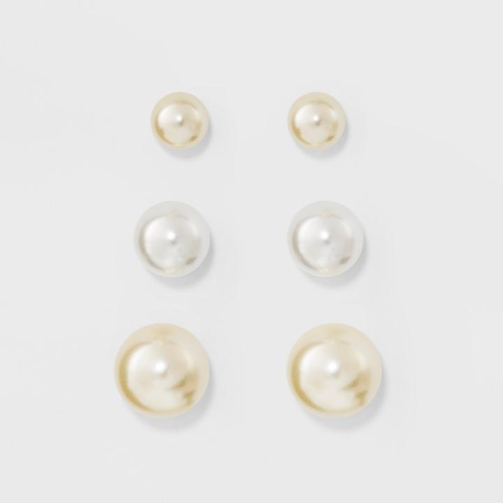 Faux Pearl Stud Earring Set 3ct - A New Day Silver/gray,