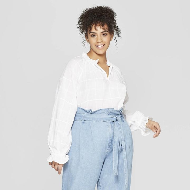 Women's Plus Size Long Blouson Sleeve Mock Neck Top - Who What Wear White