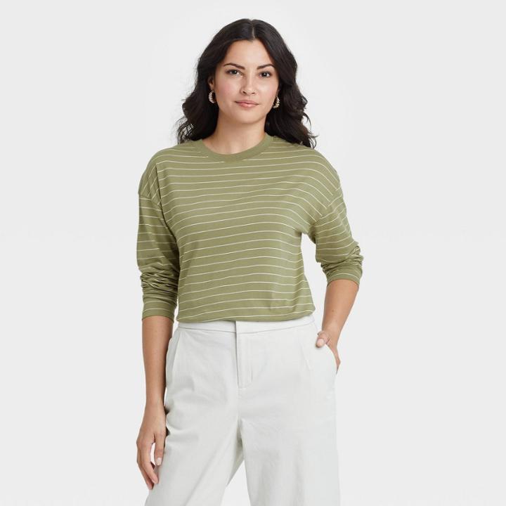Women's Striped Long Sleeve French T-shirt - A New Day Olive Green