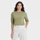 Women's Striped Long Sleeve French T-shirt - A New Day Olive Green