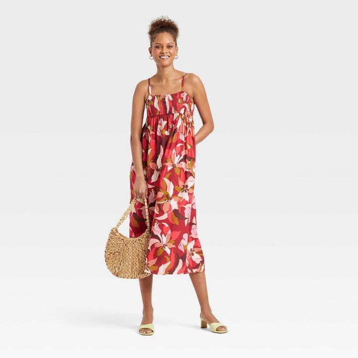 Women's Spaghetti Strap Smocked Dress - A New Day Dark Red Floral