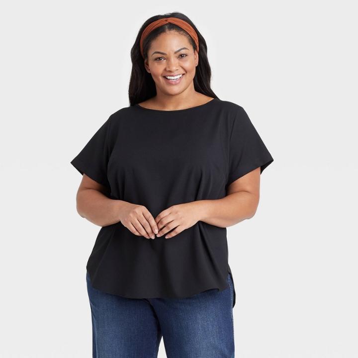 Women's Plus Size Short Sleeve Popover Blouse - Ava & Viv Black X