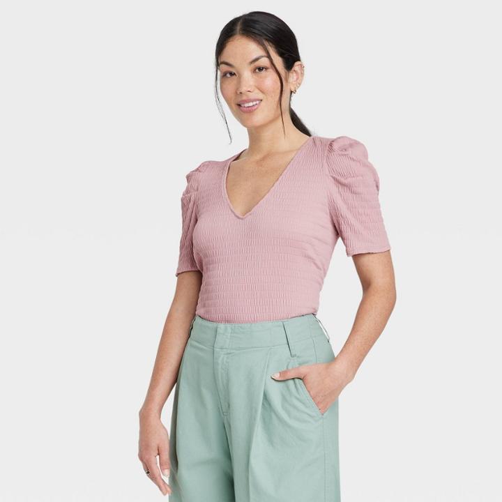 Women's Puff Short Sleeve V-neck Top - A New Day Pink