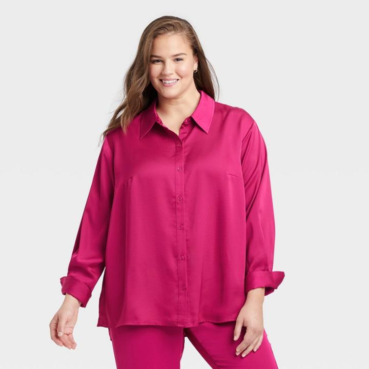 Women's Plus Size Long Sleeve Satin Shirt - A New Day Dark Pink