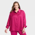 Women's Plus Size Long Sleeve Satin Shirt - A New Day Dark Pink