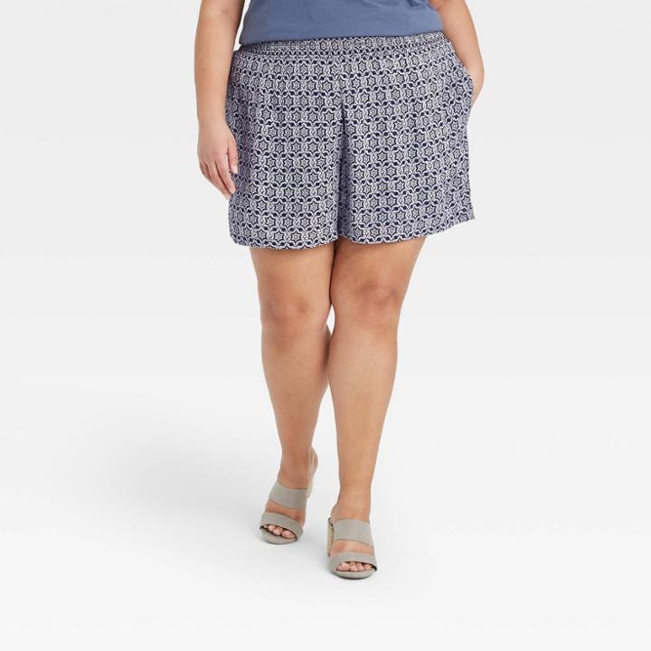 Women's Plus Size Printed Smocked Waist Pull-on Shorts - Knox Rose Navy