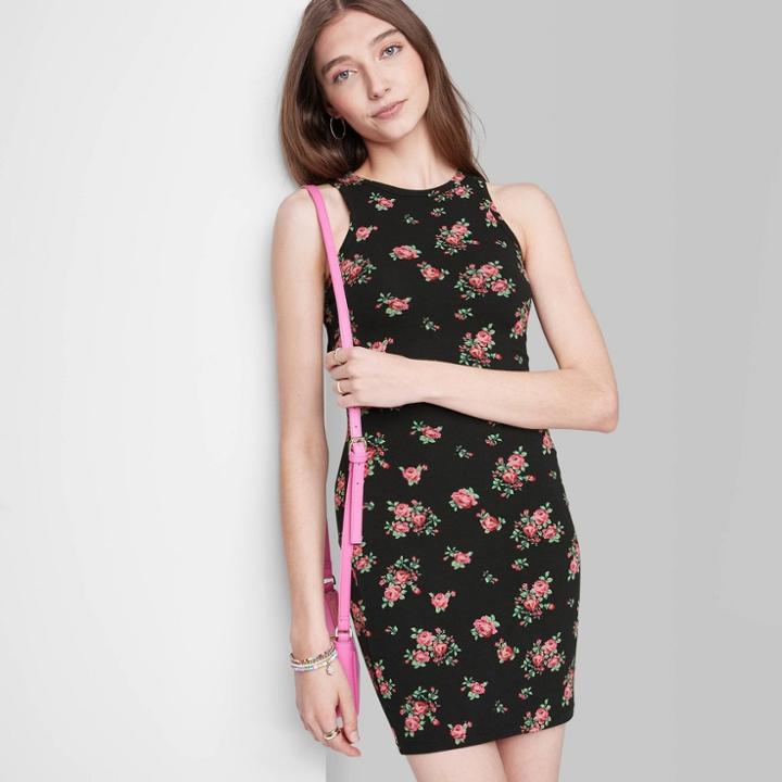 Women's Sleeveless Knit Bodycon Dress - Wild Fable Black Floral Xxs