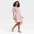 Women's Floral Print Puff Elbow Sleeve Smocked Dress - Universal Thread Cream