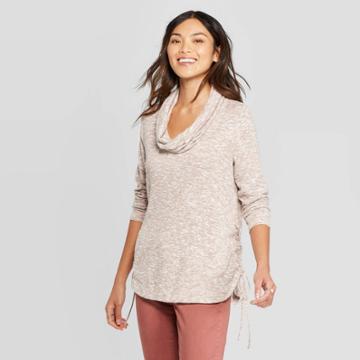 Women's Long Sleeve Cowl Neck With Side Lace-up Detail Sweatshirt - Knox Rose Blush L, Women's,