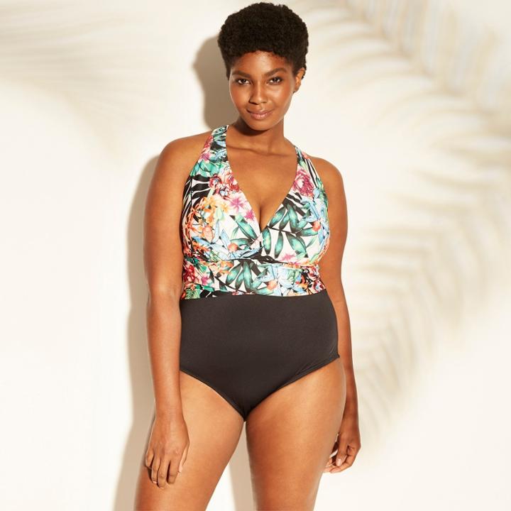Women's Plus Size X-back One Piece Swimsuit - Clean Water White Tropical