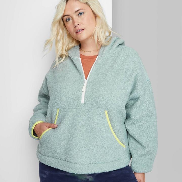 Women's Plus Size Half-zip Sherpa Pullover - Wild Fable Teal Blue