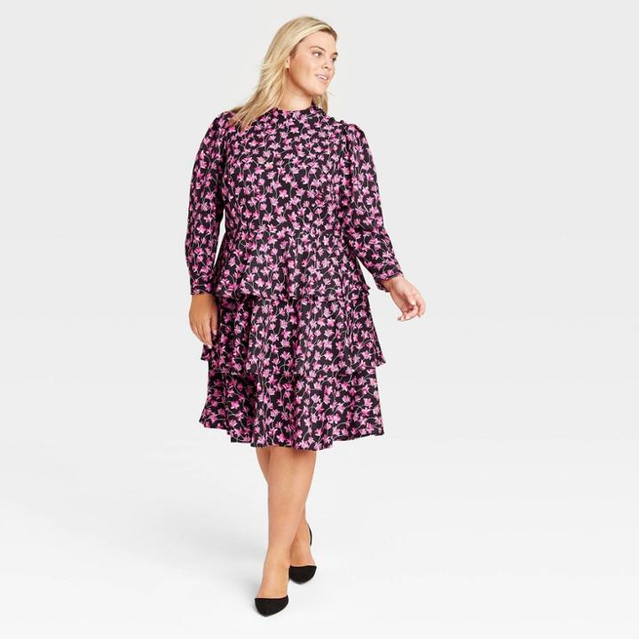 Women's Plus Size Floral Print Puff Long Sleeve Tiered Dress - Who What Wear Pink