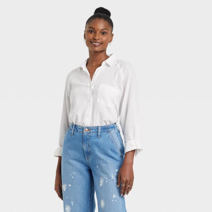 Women's Long Sleeve Boyfriend Fit Linen Button-down Shirt - Universal Thread White