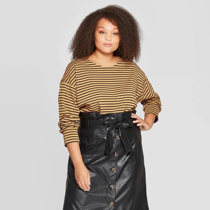 Women's Plus Size Striped Long Sleeve Scoop Neck T-shirt - Who What Wear Black