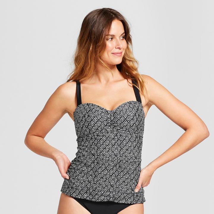 Women's Cinch Front Cup Size Tankini Top - Merona Black Ikat 36d, Black/white