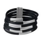 Zirconmania Zirconite Multi-strand Genuine Leather Cuff Bracelet With Tube Bars - Matte/gray,
