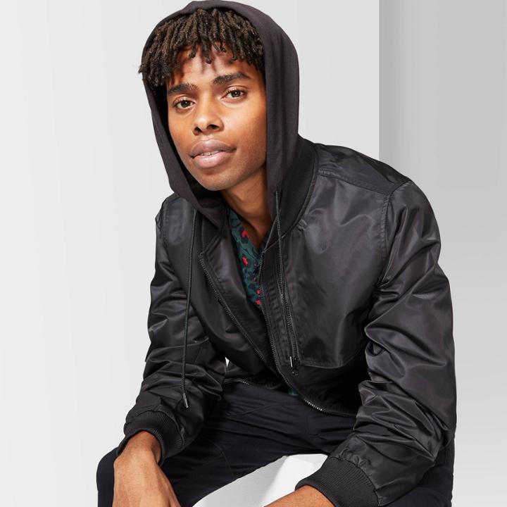 Men's Casual Fit Nylon Hooded Bomber Jacket - Original Use Black