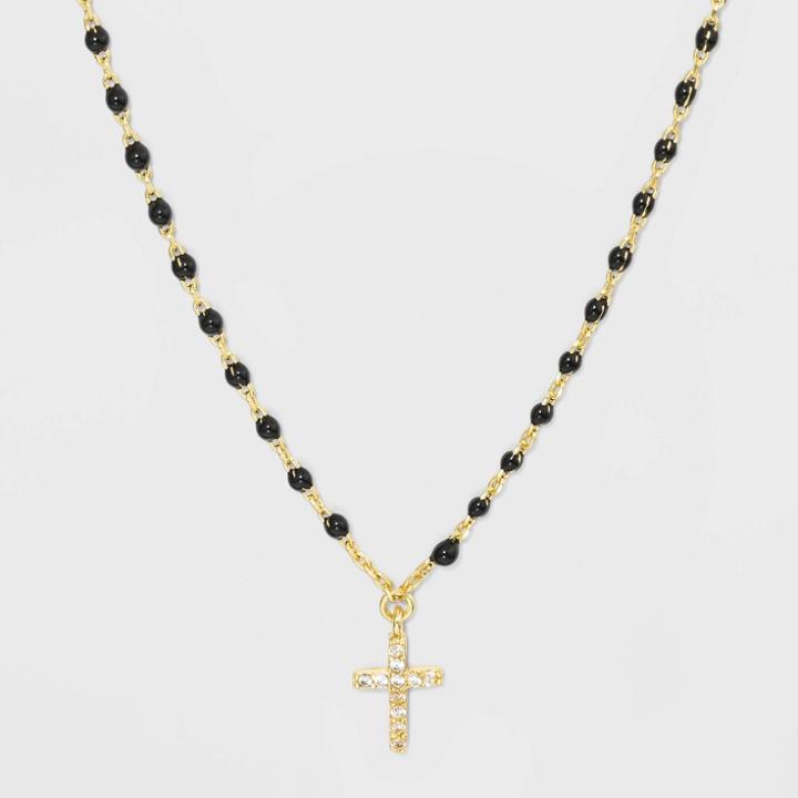 No Brand Cross Clear Beads Necklace - Silver, Women's, Gold