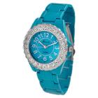 Women's Geneva Platinum Round Face Rhinestone Studded Metal Link Watch - Blue