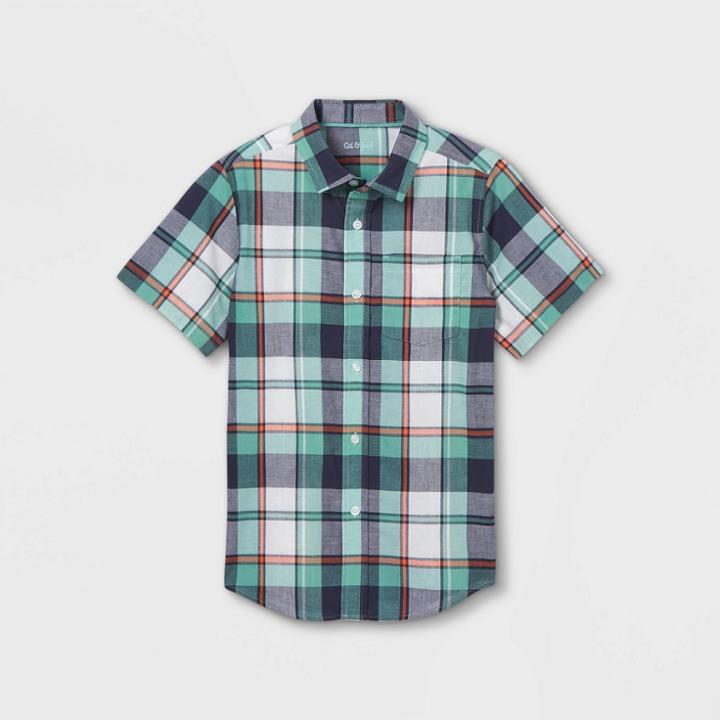 Boys' Stretch Woven Short Sleeve Button-down Shirt - Cat & Jack Green/navy