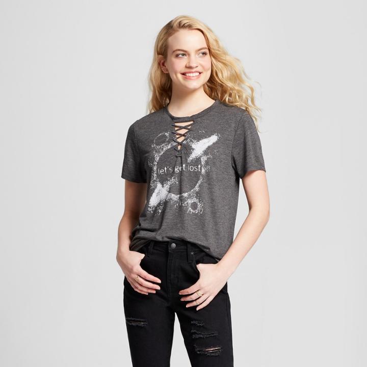 Women's Let's Get Lost Short Sleeve Lace-up Neck Graphic T-shirt - Modern Lux (juniors') - Charcoal Heather