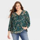 Women's Plus Size Long Sleeve Embroidered Blouse - Knox Rose Green Printed