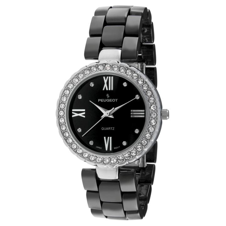 Peugeot Watches Women's Peugeot Crystal Accented Ceramic Bracelet Watch - Black/silver