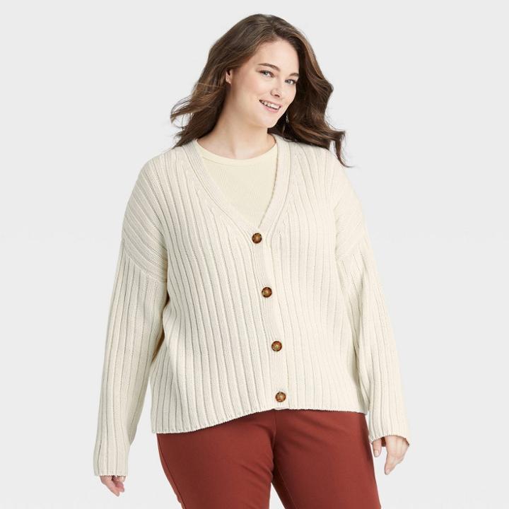 Women's Plus Size Ribbed Cardigan - A New Day Cream