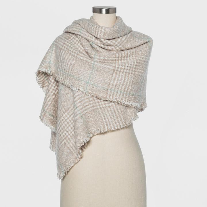 Women's Reversible Plaid Blanket Scarf - A New Day Camel